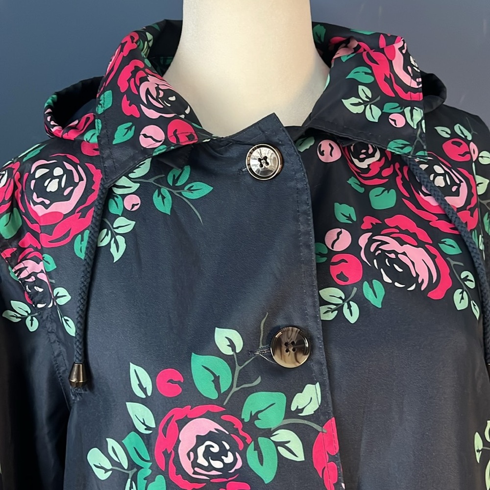 Capelli Raincoat with hood & belt, Ladies Med , darkest navy with floral print - Picture 6 of 16